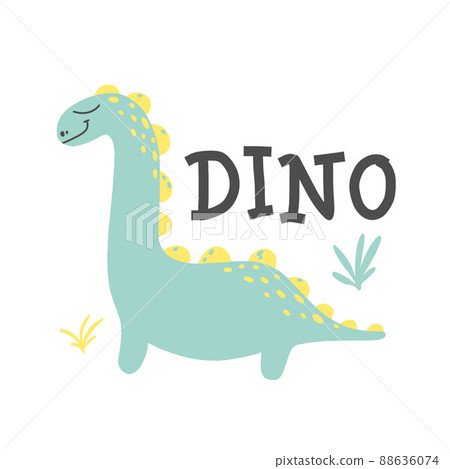 Children's poster with a cute dinosaur. Hand-drawn illustration with dino. The illustration is suitable for pints, nursery posters, postcards. Vector illustration. Children's poster with a cute dinosaur. Hand-drawn illustration with dino. The illustration is suitable for pints, nursery posters, postcards. Vector illustration. 88636074