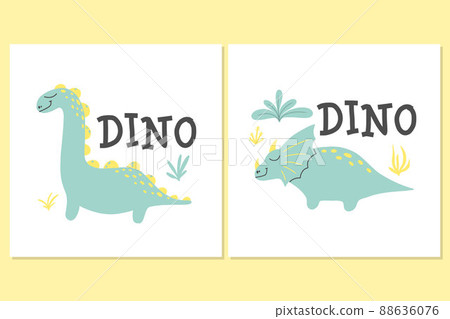 Children's poster with a cute dinosaur. Hand-drawn illustration with dino. The illustration is suitable for pints, nursery posters, postcards. Vector illustration. Children's poster with a cute dinosaur. Hand-drawn illustration with dino. The illustration is suitable for pints, nursery posters, postcards. Vector illustration. 88636076