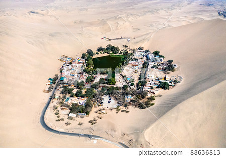 Aerial view of the Huacachina Oasis in the Atacama desert of Peru 88636813