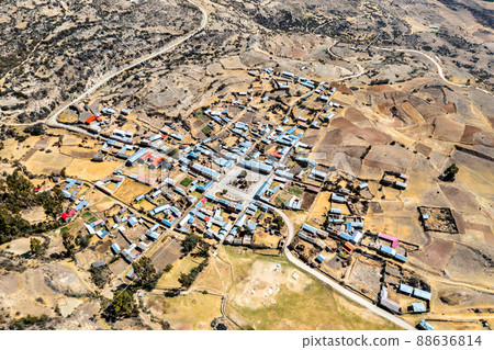 Aerial view of Antacocha village in the Andes of Peru 88636814