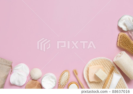 Organic natural cosmetics and zero waste reusable accessories for skin and hair care flat lay 88637016