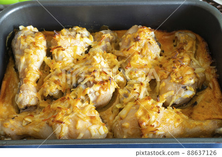 Chicken meat in milt with egg and spice on pan Chicken meat in milt with egg and spice on pan 88637126