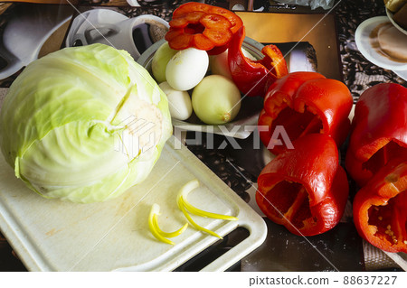 Vegetables for preparation of the stuffed cabbage and red pepper Vegetables for preparation of the stuffed cabbage and red pepper 88637227