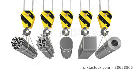 Rolled metal products suspended on a crane. 3d render Rolled metal products suspended on a crane. 3d render 88638866