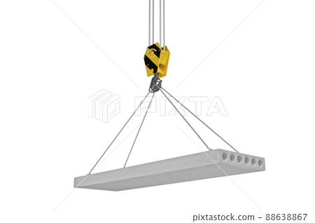 Slab hanged on crane hook by rope slings. 3d render Slab hanged on crane hook by rope slings. 3d render 88638867