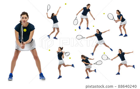 Set of portraits of active young woman, tennis player in motion, training isolated over white studio background Set of portraits of active young woman, tennis player in motion, training isolated over white studio background 88640240