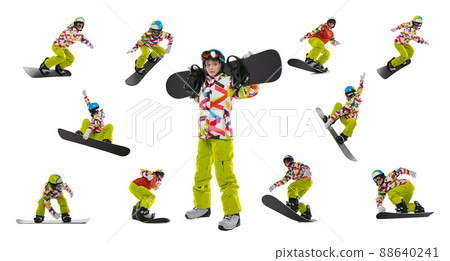 Set of portraits of young woman in bright sportswear, goggles and helmet snowboarding isolated on white studio background. Concept of winter sports Set of portraits of young woman in bright sportswear, goggles and helmet snowboarding isolated on white studio background. Concept of winter sports 88640241