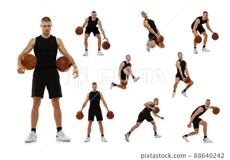 Set of dynamic portraits of young professional basketball player in motion, training isolated over white studio background Set of dynamic portraits of young professional basketball player in motion, training isolated over white studio background 88640242