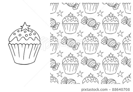 Coloring Cupcake. Set of element and seamless pattern 88640708
