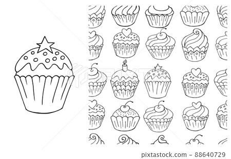 Coloring Cupcake. Set of element and seamless pattern 88640729