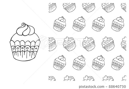 Coloring Cupcake. Set of element and seamless pattern Coloring Cupcake. Set of element and seamless pattern 88640730