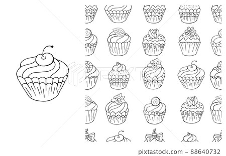 Coloring Cupcake. Set of element and seamless pattern Coloring Cupcake. Set of element and seamless pattern 88640732