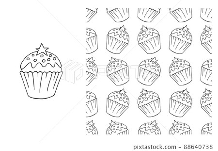 Coloring Cupcake. Set of element and seamless pattern Coloring Cupcake. Set of element and seamless pattern 88640738