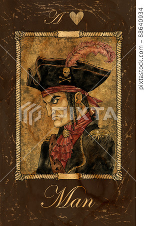 Man. Card of Old Marine Lenormand Oracle deck. Fantasy vintage watercolor illustration with mystic symbols in nautical style, colorful graphic drawing. 88640934
