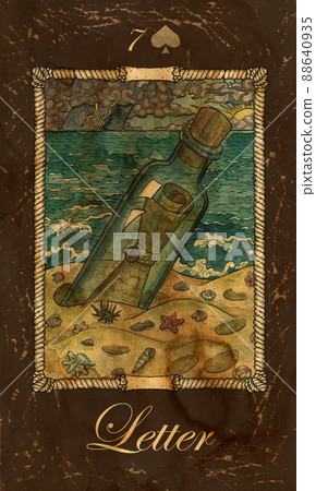 Letter. Card of Old Marine Lenormand Oracle deck. Fantasy vintage watercolor illustration with mystic symbols in nautical style, colorful graphic drawing. 88640935