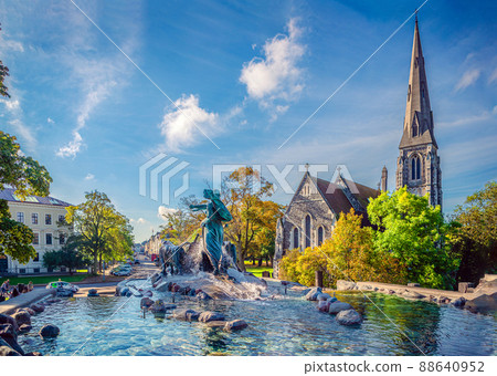 View of the Gefion Fountain, St. Albans Church and Amaliegade street in Copenhagen, Denmark View of the Gefion Fountain, St. Albans Church and Amaliegade street in Copenhagen, Denmark 88640952