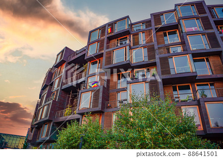 student residence building Tietgen Student Hall Tietgenkollegiet with LGBT flags in the windows in Copenhagen, Denmark student residence building Tietgen Student Hall Tietgenkollegiet with LGBT flags in the windows in Copenhagen, Denmark 88641501