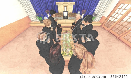 Funeral home, farewell, with people, with ghost photos, CG illustrations 88642151