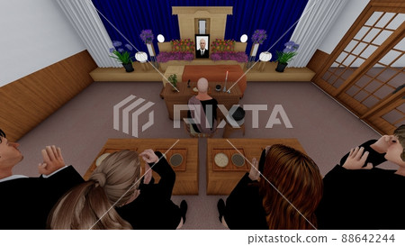 Funeral home with people, incense with deceased CG illustration 88642244