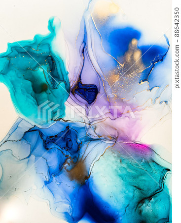 Abstract bright shiny color fluid background, hand drawn alcohol painting with golden streaks, liquid ink technique texture for backdrop design Abstract bright shiny color fluid background, hand drawn alcohol painting with golden streaks, liquid ink technique texture for backdrop design 88642350