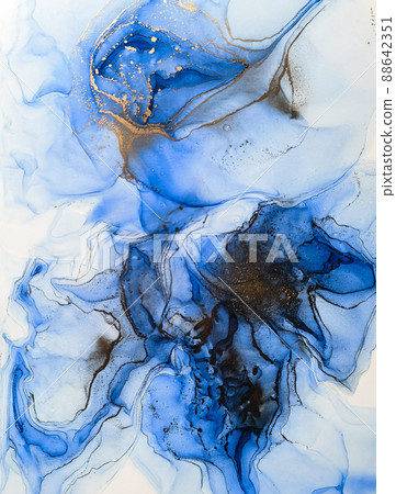 Abstract bright shiny color fluid background, hand drawn alcohol painting with golden streaks, liquid ink technique texture for backdrop design 88642351