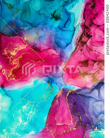 Abstract bright shiny color fluid background, hand drawn alcohol art painting with golden streaks, liquid ink technique texture for backdrop design Abstract bright shiny color fluid background, hand drawn alcohol art painting with golden streaks, liquid ink technique texture for backdrop design 88642400