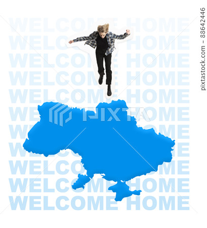 Contemporary art collage. Young woman falling down into ukrainian country shape symbolizing returning home Contemporary art collage. Young woman falling down into ukrainian country shape symbolizing returning home 88642446