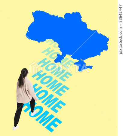 Contemporray art collage. Young woman going home to Ukraine isolated over yellow background with blue ukrainian country shape Contemporray art collage. Young woman going home to Ukraine isolated over yellow background with blue ukrainian country shape 88642447