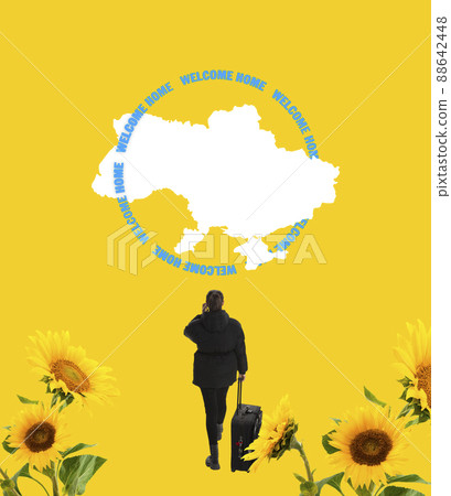 Contemporary art collage. Young woman with suitcase coming back home to Ukraine isolated over yellow background with sunflowers Contemporary art collage. Young woman with suitcase coming back home to Ukraine isolated over yellow background with sunflowers 88642448