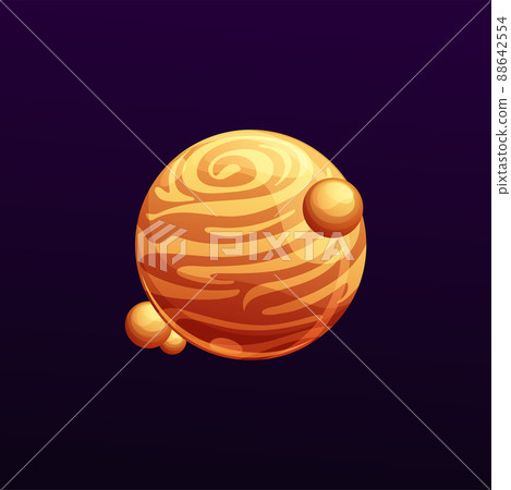 Striped galaxy planet with satellites. Cartoon space object with striated brown surface. Vector cosmic object in far universe. Ui game globe, isolated fantastic sphere, fantasy world in deep space 88642554