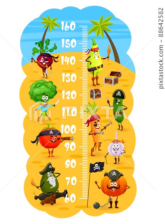 Kids height chart with cartoon vegetables pirates and corsairs, vector growth measure meter. Funny pirate cucumber, garlic and tomato, pumpkin and carrot, beet and avocado, broccoli in tricorne hat Kids height chart with cartoon vegetables pirates and corsairs, vector growth measure meter. Funny pirate cucumber, garlic and tomato, pumpkin and carrot, beet and avocado, broccoli in tricorne hat 88642582