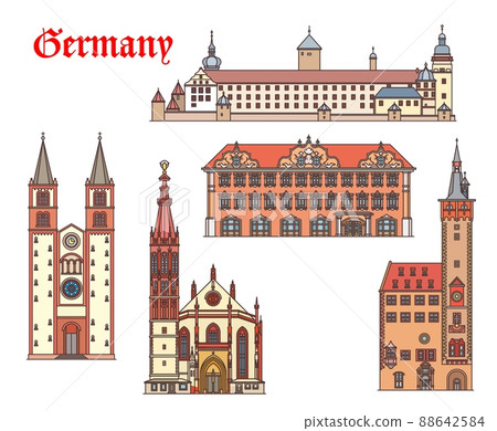 Germany architecture buildings, Wurzburg travel landmarks, vector churches and cathedrals. St Kilians Dom, altes rathaus, Marienkapelle or Saint Mary chapel, Marienberg Fortress and Falkenhaus 88642584