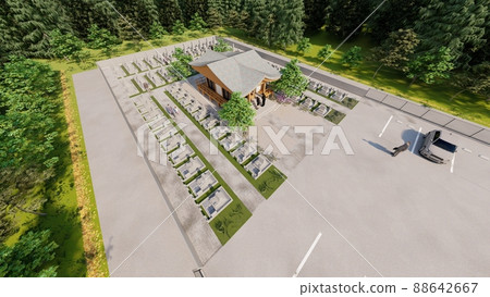 Shrines, temples, graveyards, grave visitors, illustrations, CG 88642667