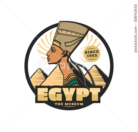 Egyptian museum icon, Egypt travel and culture tourism vector icon. Nefertiti and Ancient Egypt pharaoh pyramids, Cairo and Giza Egyptian travel landmarks 88642688