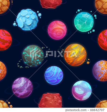 Cartoon space planets and stars seamless pattern vector background. Fantasy galaxy world of aliens and fantastic universe with asteroids on orbit, space planets of ice rocks with craters Cartoon space planets and stars seamless pattern vector background. Fantasy galaxy world of aliens and fantastic universe with asteroids on orbit, space planets of ice rocks with craters 88642707