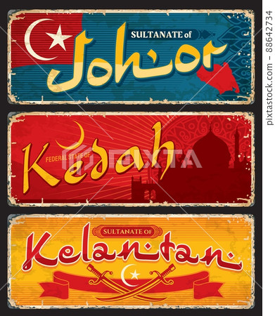 Johor, Kedah, Kelantan malaysian regions travel stickers and plates. Malaysia voyage vintage tin sign, grunge vector vacation sticker or tourist souvenir postcard with Malaysia flag, mosque silhouette Johor, Kedah, Kelantan malaysian regions travel stickers and plates. Malaysia voyage vintage tin sign, grunge vector vacation sticker or tourist souvenir postcard with Malaysia flag, mosque silhouette 88642734