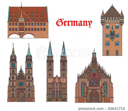 Germany architecture buildings and travel landmarks of Nuremberg and Nassau, vector. Germany buildings of Heilig Geist Spital or Hospital of Holy Spirit, churches of St Sebaldus and Saint Lawrence Germany architecture buildings and travel landmarks of Nuremberg and Nassau, vector. Germany buildings of Heilig Geist Spital or Hospital of Holy Spirit, churches of St Sebaldus and Saint Lawrence 88642758