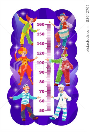 Kids height chart shapito circus clowns growth measure. Vector scale with big top funnymen, harlequins, funsters in bright costumes. Wall ruler for children height measurement with cartoon characters Kids height chart shapito circus clowns growth measure. Vector scale with big top funnymen, harlequins, funsters in bright costumes. Wall ruler for children height measurement with cartoon characters 88642765