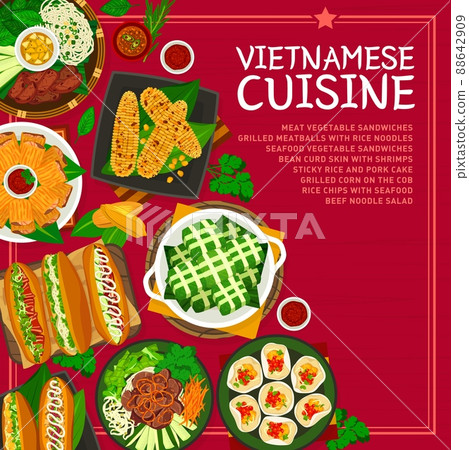 Vietnamese cuisine food menu cover page. Grilled meatballs, meat and vegetable sandwiches, sticky rice pork cake, bean curd skin with shrimps and grilled corn, chips with seafood, beef noodle salad 88642909