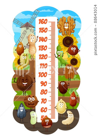 Kids height chart cartoon nuts and beans on farm vector growth meter. Peanut, almond and hazelnut, coconut, pistachio and cashew. Brazil, soybean and pecan, walnut, pumpkin, coffee and sunflower seeds Kids height chart cartoon nuts and beans on farm vector growth meter. Peanut, almond and hazelnut, coconut, pistachio and cashew. Brazil, soybean and pecan, walnut, pumpkin, coffee and sunflower seeds 88643014