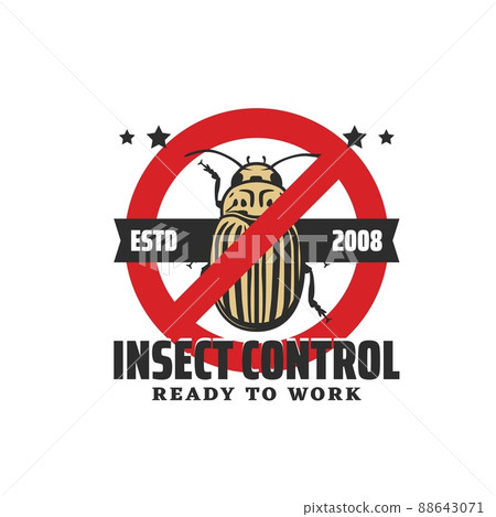 Colorado beetle stop sign, pest control and insects extermination service vector icon. Disinfection and disinsection service badge for pest control of Colorado beetle or potato bug 88643071