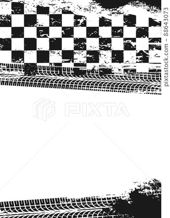 Racing sport grunge background with checkered flag and tire tracks race pattern. Motorsport competition, rally sport or off road race, motocross grungy vector backdrop with wheel dirty treads Racing sport grunge background with checkered flag and tire tracks race pattern. Motorsport competition, rally sport or off road race, motocross grungy vector backdrop with wheel dirty treads 88643073