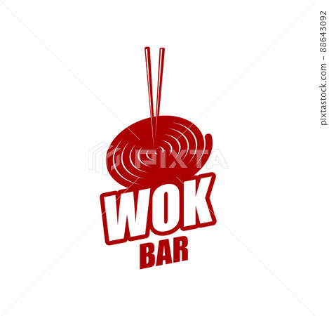 Wok pan icon, Chinese and Japanese cuisine noodles bar vector sign. Asian food restaurant wok pan and chopsticks for udon or ramen noodles dishes, Chinese or Japanese food menu and cover design 88643092