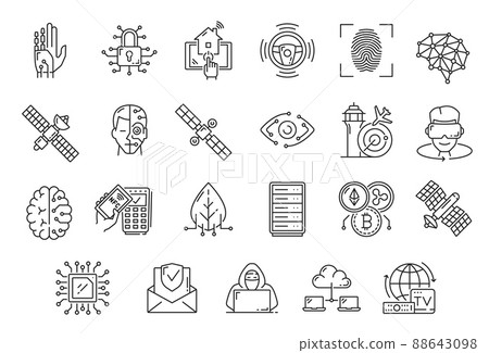 Future technology icons with vector cyborg, autopilot, neural network, global internet and security. Thin line VR, blockchain, payment and cloud storage, smart TV and home, machine brain, big data 88643098