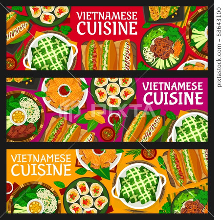 Vietnamese food restaurant meals banners. Meat and vegetable sandwich, grilled corn, beef noodle salad and bean curd skin with shrimps, chips with seafood, sticky rice pork cake and grilled meatballs Vietnamese food restaurant meals banners. Meat and vegetable sandwich, grilled corn, beef noodle salad and bean curd skin with shrimps, chips with seafood, sticky rice pork cake and grilled meatballs 88643100