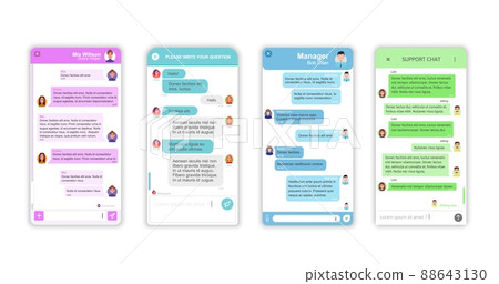 Messenger app interface, support chat window. Chatbot, company bot conversation with user or client in social network dialog window or cellphone app. Customer support or helpdesk questions answering 88643130