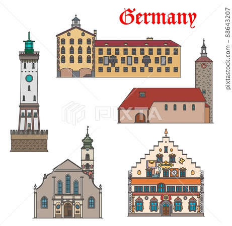 Germany architecture, Lindau buildings and Bavaria travel landmarks, vector. German Garmisch-Partenkirchen rathaus town hall, St Stephen church, Stephankirche, Peterskirche and Leuchtturm lighhouse Germany architecture, Lindau buildings and Bavaria travel landmarks, vector. German Garmisch-Partenkirchen rathaus town hall, St Stephen church, Stephankirche, Peterskirche and Leuchtturm lighhouse 88643207