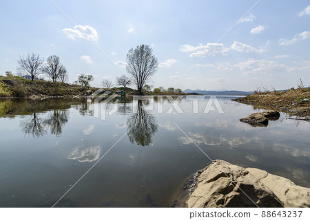 Reflection of trees and clouds over the horizon of the river Reflection of trees and clouds over the horizon of the river 88643237