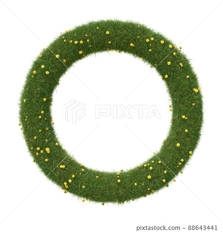 Circle shape frame made of grass and dandelions, isolated on white. 3D image Circle shape frame made of grass and dandelions, isolated on white. 3D image 88643441