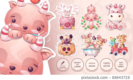 Seamless pattern - cat, kitty, diplomat, devil, unicorn, pug, sticker, bull, bath, bathroom, giraffe, car Seamless pattern - cat, kitty, diplomat, devil, unicorn, pug, sticker, bull, bath, bathroom, giraffe, car 88643728